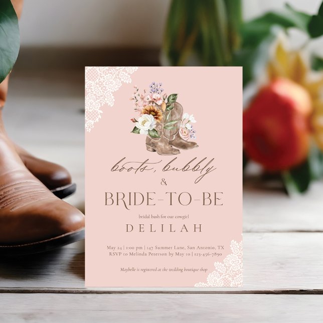 Invitación Boots burbujeados y novias para ser una ducha de n (Boots Bubbly & Bride to Be Western Bridal Shower Invitation)