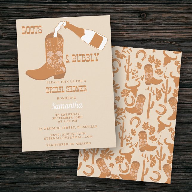Invitación Boots burbujeantes Rústica, ducha de novias en el  (Boots Bubbly Rustic Western Country Bridal Shower Invitation)