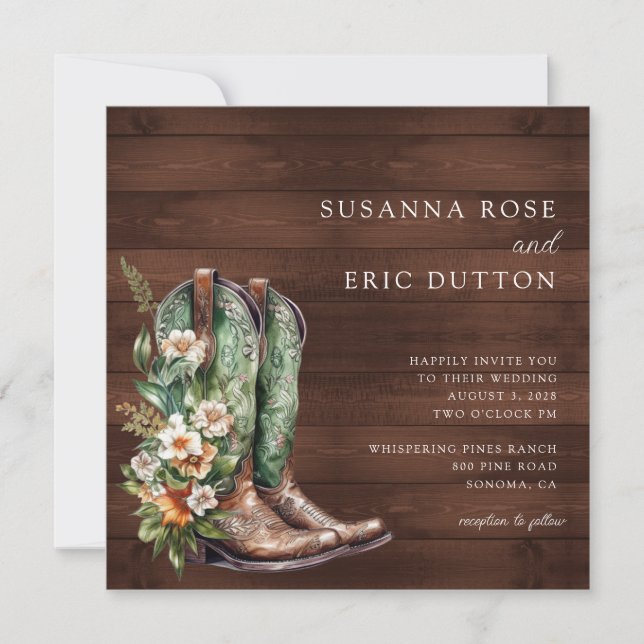 Invitación Boots Cowgirl Cowboy Boda Floral (Anverso)
