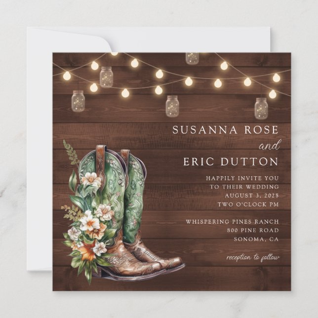 Invitación Boots Cowgirl Cowboy String ilumina a Boda floral (Anverso)