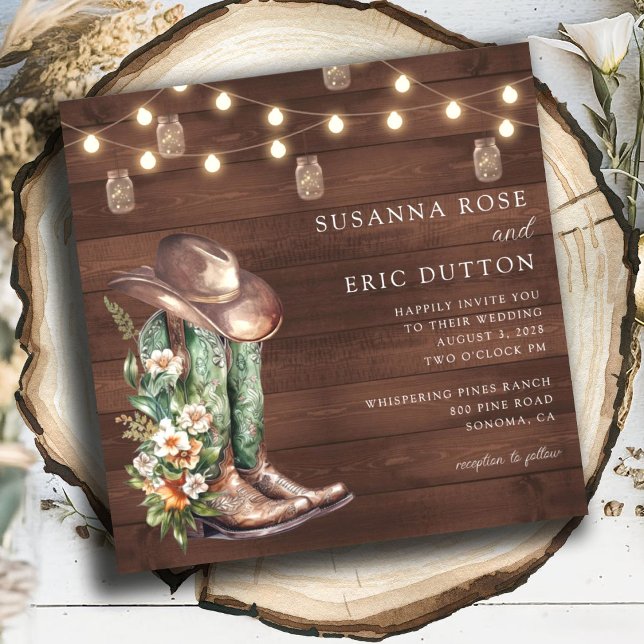 Invitación Boots Cowgirl Cowboy String ilumina a Boda floral (Subido por el creador)