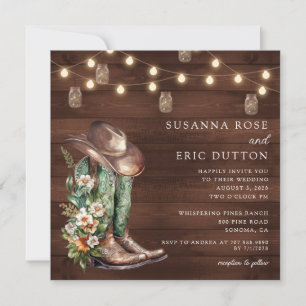 Invitación Boots Cowgirl Cowboy String ilumina a Boda floral