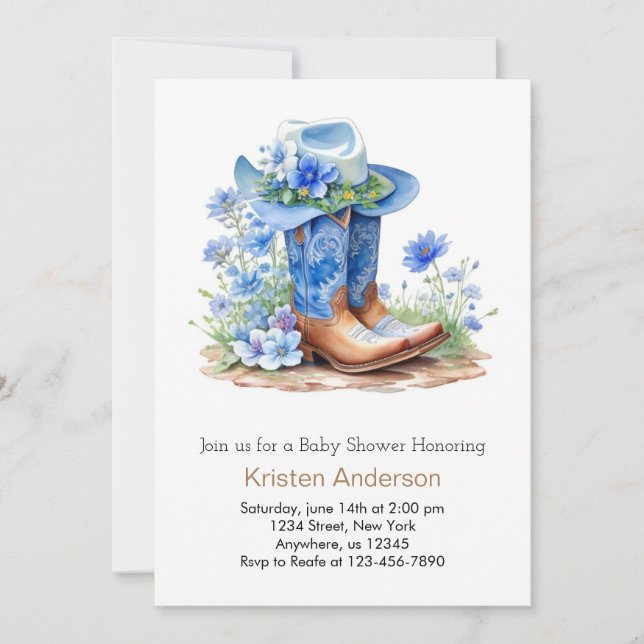 Invitación Boots de Cowboy Azules y Baby Shower Gorra (Anverso)