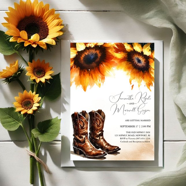 Invitación Boots de Cowboy de girasol amarillo invitan a la b (Sunflower and cowboy boots wedding invitations for western barn weddings)