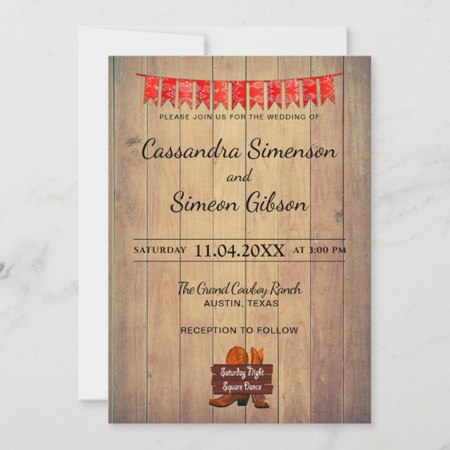 Invitación Boots de Cowboy de Madera, Día de Boda Rústica de  (Anverso)