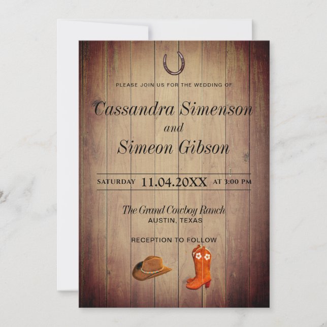 Invitación Boots de Cowboy de Madera, Día de la Boda Rústica (Anverso)