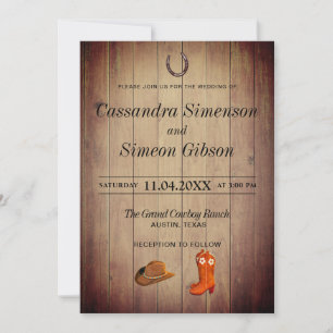 Invitación Boots de Cowboy de Madera, Día de la Boda Rústica