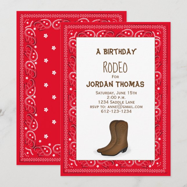Invitación Boots de Cowboy Moderno Cute Rojo Bandana (Anverso / Reverso)