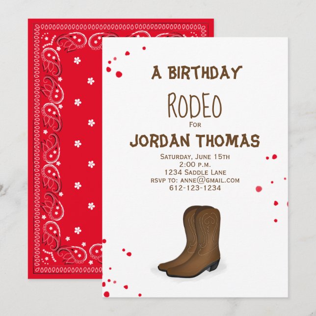 Invitación Boots de Cowboy Moderno Cute Rojo Bandana (Anverso / Reverso)