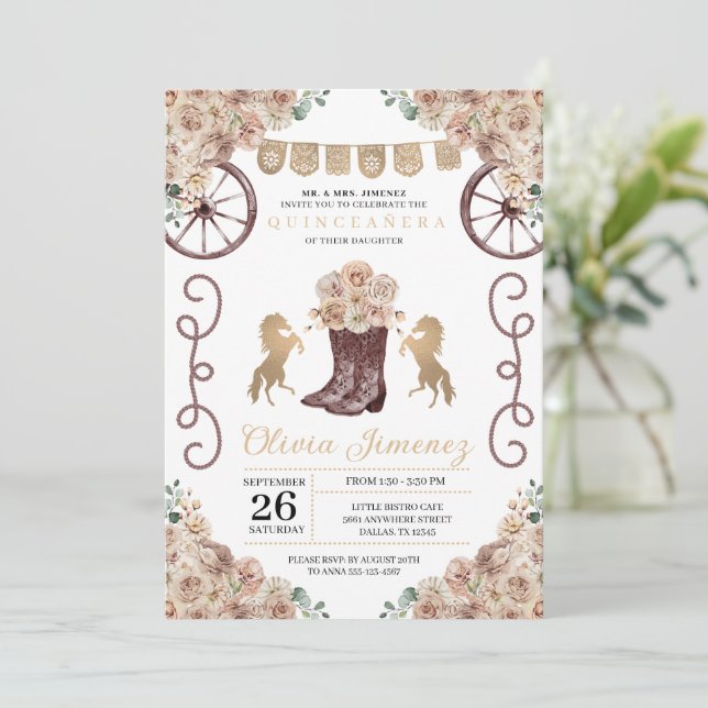 Invitación Boots de Cowboy Oeste Rústico del Oro Quinceañera (Anverso de pie)