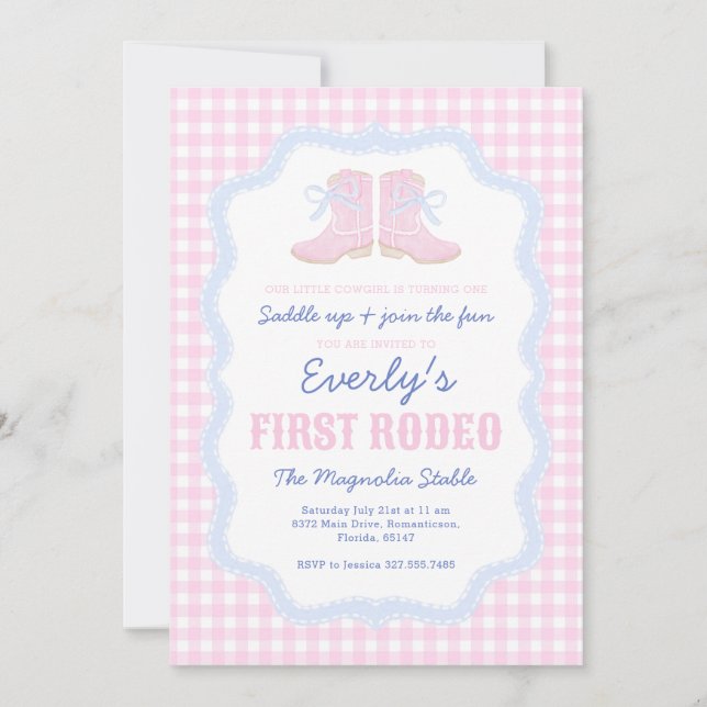 Invitación Boots de Cowgirl por primer cumpleaños de Rodeo de (Anverso)
