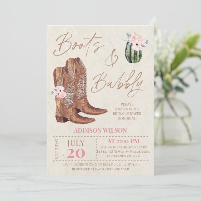 Invitación Boots de flores rosadas marrones y ducha de novia  (Anverso de pie)