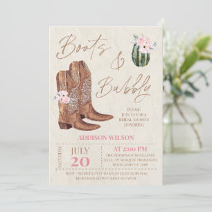 Invitación Boots de flores rosadas marrones y ducha de novia 
