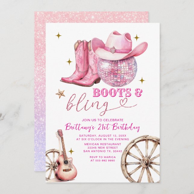 Invitación Boots de oro rosado y cumpleaños 21 (Anverso / Reverso)