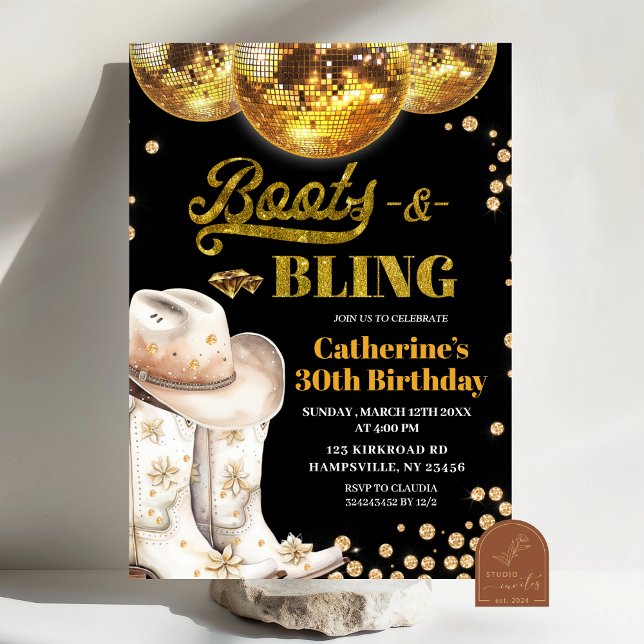 Invitación Boots de oro y blings fiesta de cumpleaños para ad (Subido por el creador)