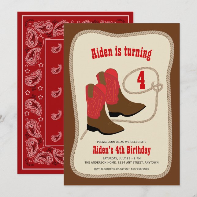 Invitación Boots de Red Cowboy | Boys Western Birthday Party (Anverso / Reverso)
