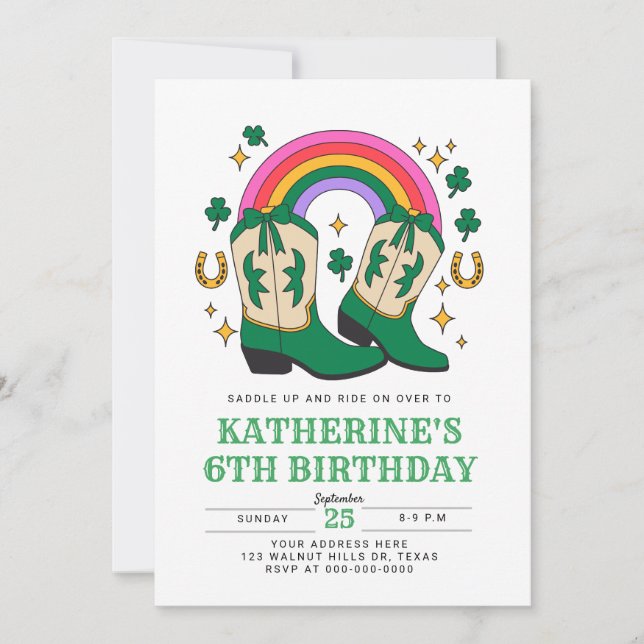 Invitación Boots de vaquero con arcoiris y rocas de champú Cu (Anverso)