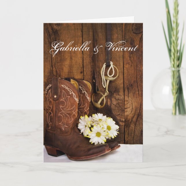 Invitación Boots de vaquero, Daisies, caballo, Boda occidenta (Anverso)
