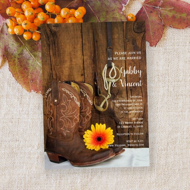 Invitación Boots de vaquero, daisy y Boda occidental de bit d (Subido por el creador)