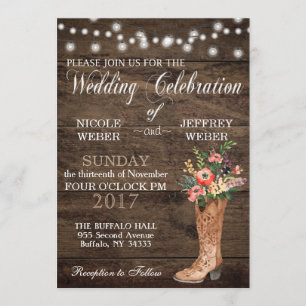 Invitación Boots de vaquero rústico Boda Wood Cowboy