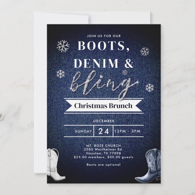 Invitación Boots Denim Bling Church Brunch Navidades Fiesta (Anverso)