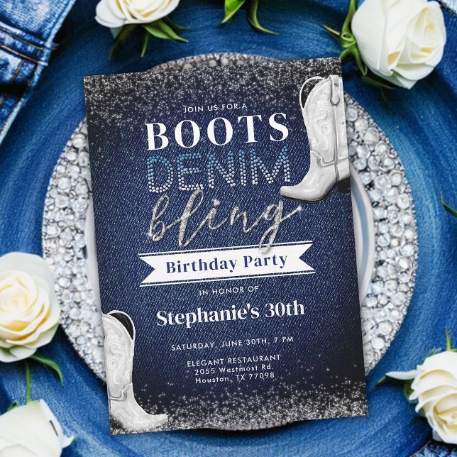 Invitación Boots Denim Bling Diamond Blue Jeans 30 cumpleaños (denim and diamonds 30th birthday party invitation boots bling rhinestones glam glitz glitzy cowgirl)