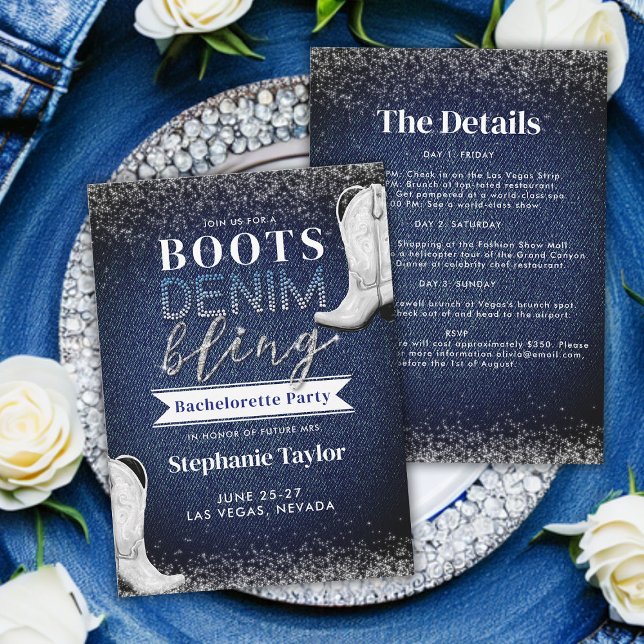 Invitación Boots Denim Bling Diamonds Moda Bachelorette (denim and diamonds bachelorette party invitation weekend bridesmaids girls road trip boots bling )