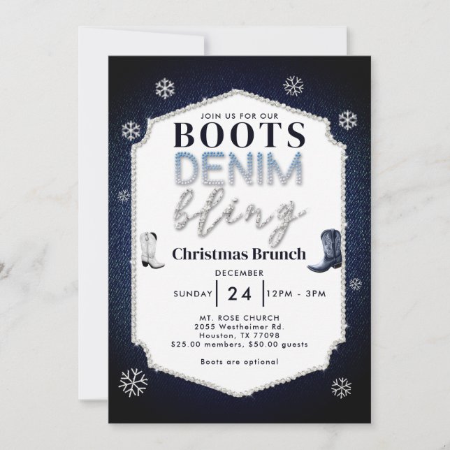Invitación Boots Denim Bling Frame Navidades Iglesia Brunch (Anverso)
