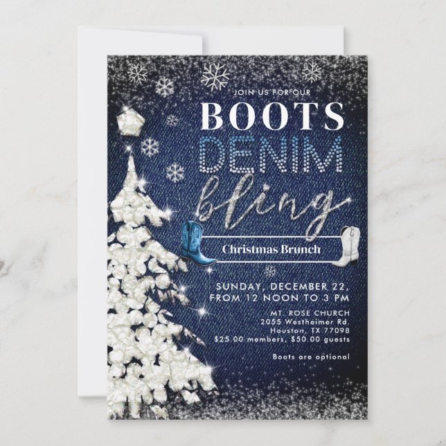 Invitación Boots Denim Bling Navidades de la Iglesia del Árbo (Anverso)