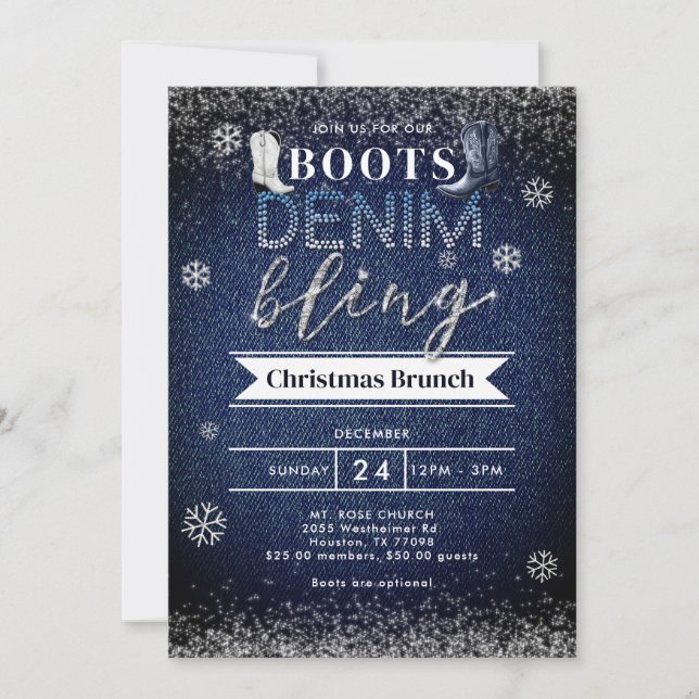 Invitación Boots Denim Bling Navidades de Nieve Fiesta de la  (Anverso)