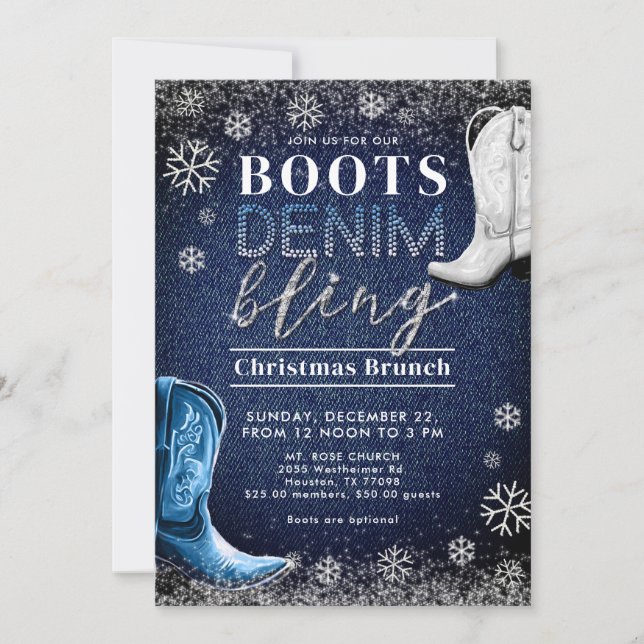 Invitación Boots Denim Bling Snow Frame Blue Navidades Fiesta (Anverso)