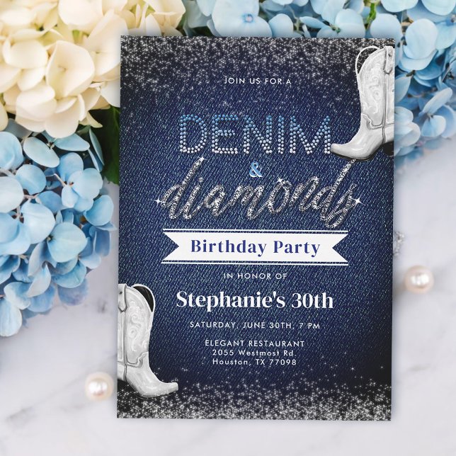 Invitación Boots Denim Diamonds Blue Jeans Moda 30 cumpleaños (denim and diamonds birthday invitation cowgirl boots white blue elegant classy modern 30th)
