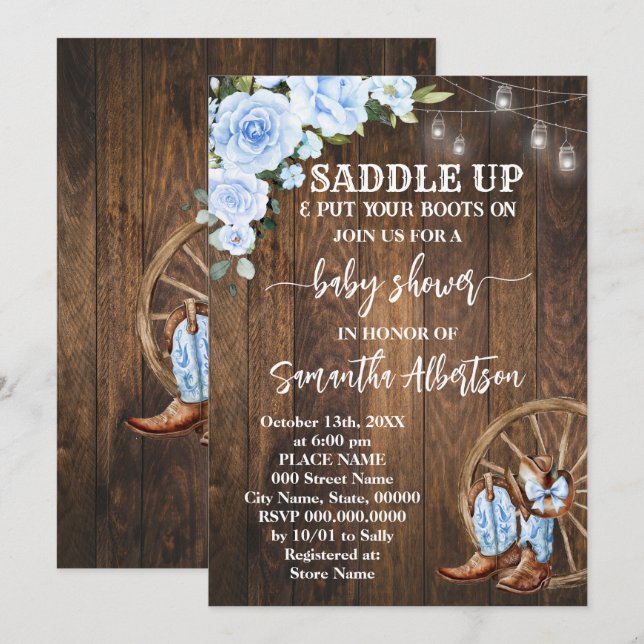 Invitación Boots en el país de Baby Shower azul occidental (Anverso / Reverso)