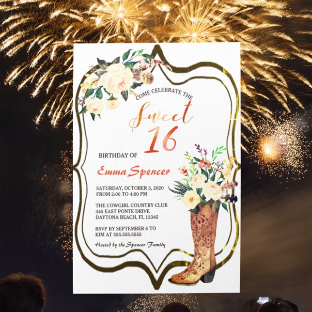 Invitación Boots florales de Boho rústico Sweet 16 B'day (Subido por el creador)