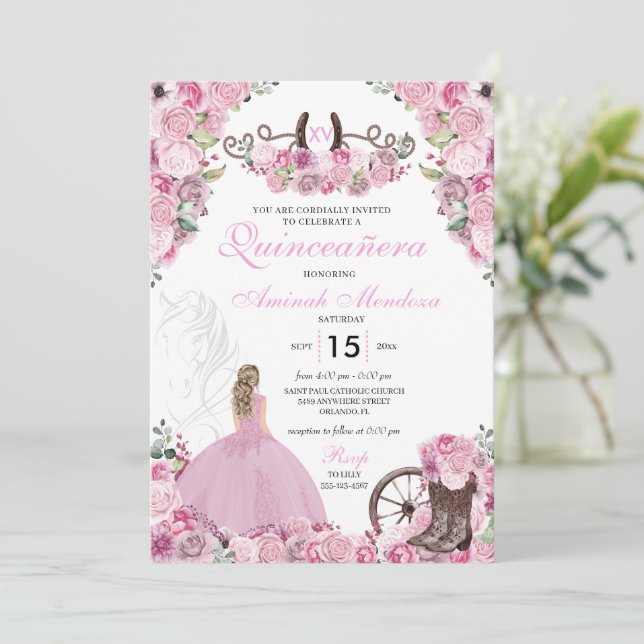 Invitación Boots florales de Charra Occidental Rosa Quinceañe (Anverso de pie)