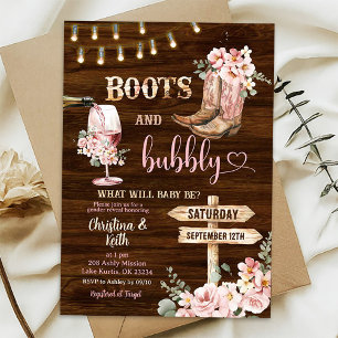 Invitación Boots florales de fondo de madera rústica y burbuj