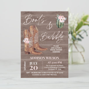 Invitación Boots florales rosados de madera y ducha espumosa 