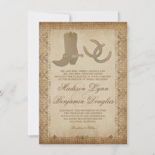 Invitación Boots impulsan matrimonio occidental en herradura (Anverso)