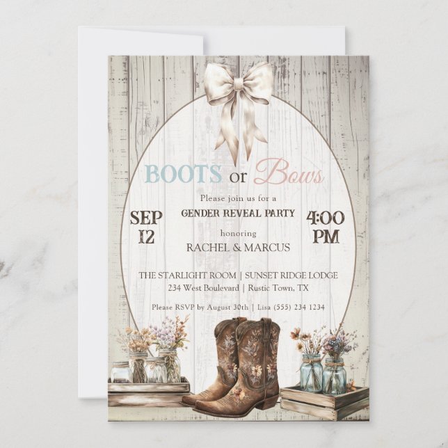 Invitación Boots o arcos rústicos boho Género revelar fiesta (Anverso)