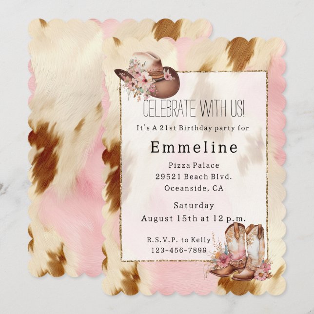 Invitación Boots Piel de vaca de chica crema rosa crema marró (Anverso / Reverso)