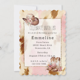 Invitación Boots Piel de vaca de chica crema rosa crema marró