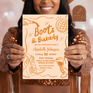 Invitación Boots retro naranja y ducha de novia burbujeante