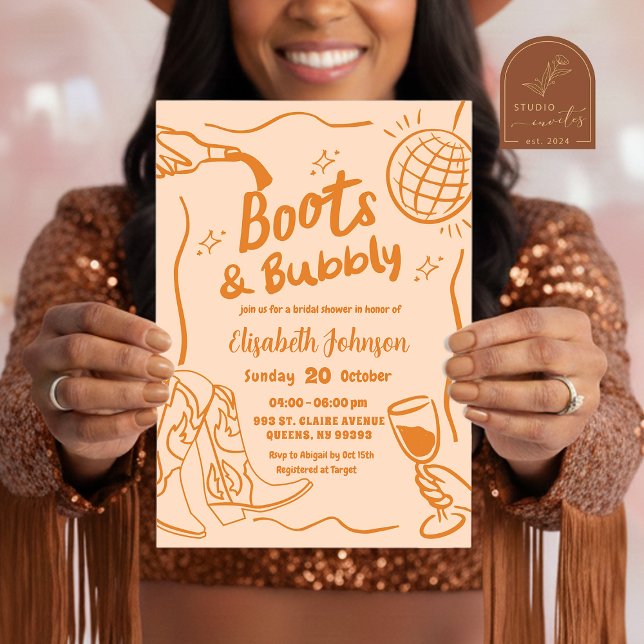 Invitación Boots retro naranja y ducha de novia burbujeante (Subido por el creador)