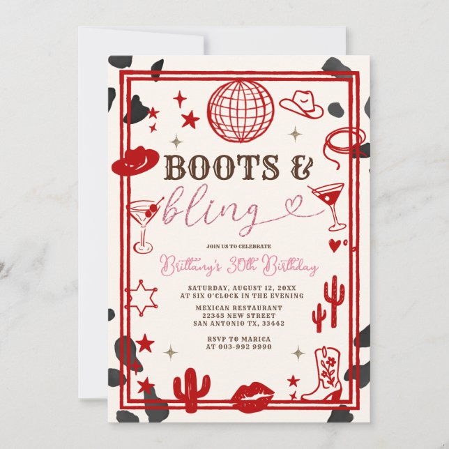 Invitación Boots rojos y Bling Skygirl cumpleaños occidental (Anverso)