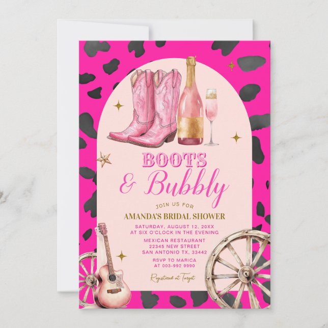 Invitación Boots rosados y burbuja de la ducha de novias occi (Anverso)