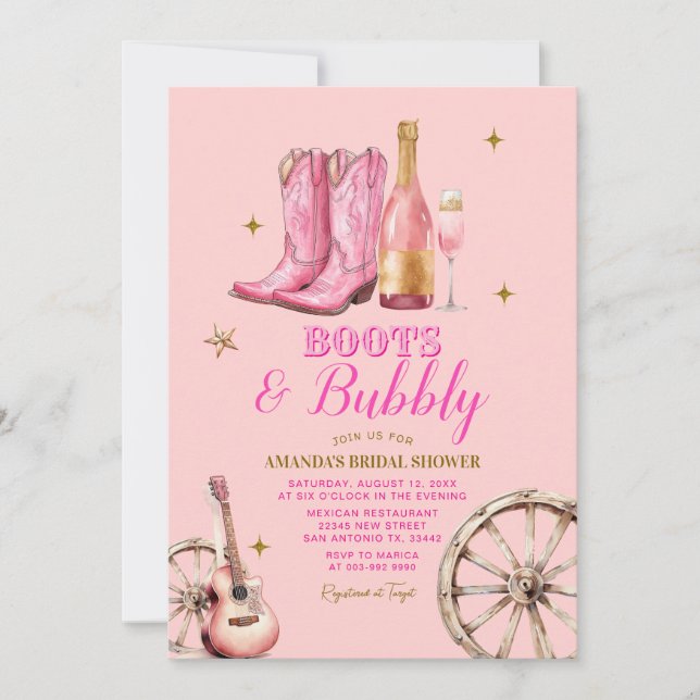Invitación Boots rosados y dorados y ducha con burbujas de no (Anverso)