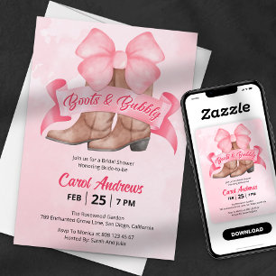 Invitación Boots rosados y ducha de novias con burbujas