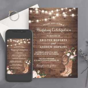Invitación Boots rústicos Cowboy Cowgirl Floral Lights Boda