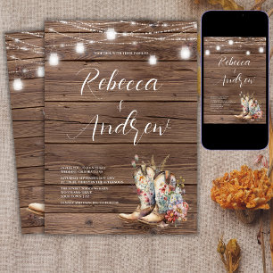 Invitación Boots rústicos Cowboy Cowgirl Floral Lights Boda