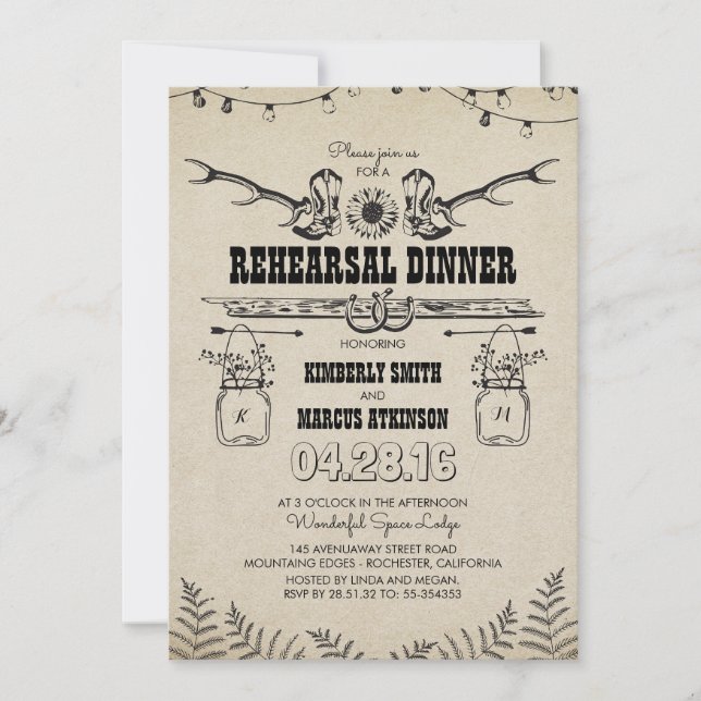 Invitación Boots rústicos de campo de cowboy ensayar cena (Anverso)